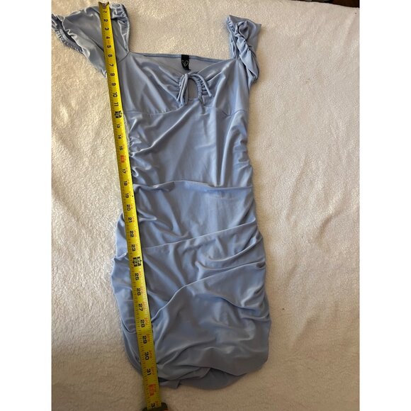 Windsor Blue Ruched Bodycon Sz S Mini Dress Puff Sleeve Square Neck Tie Front Pa - Picture 4 of 9